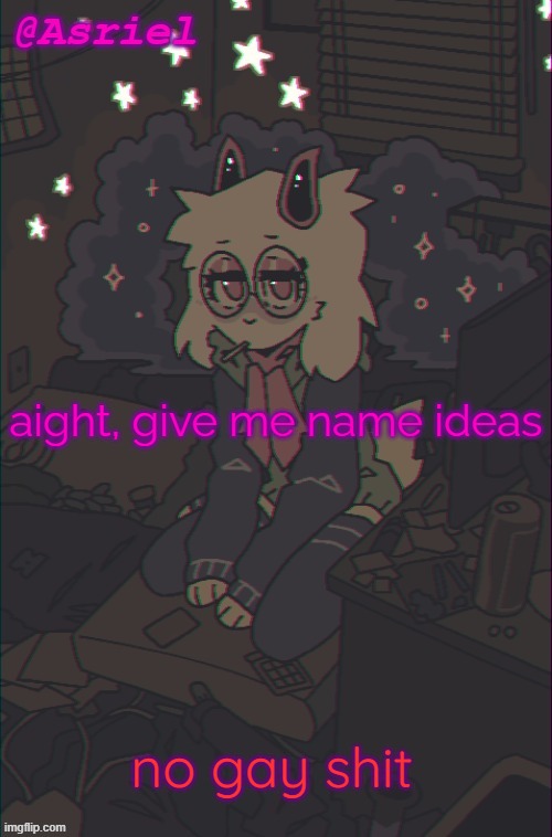 idk | aight, give me name ideas; no gay shit | image tagged in another asriel temp | made w/ Imgflip meme maker