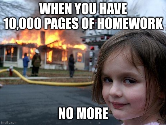 homework | WHEN YOU HAVE 10,000 PAGES OF HOMEWORK; NO MORE | image tagged in memes,disaster girl | made w/ Imgflip meme maker