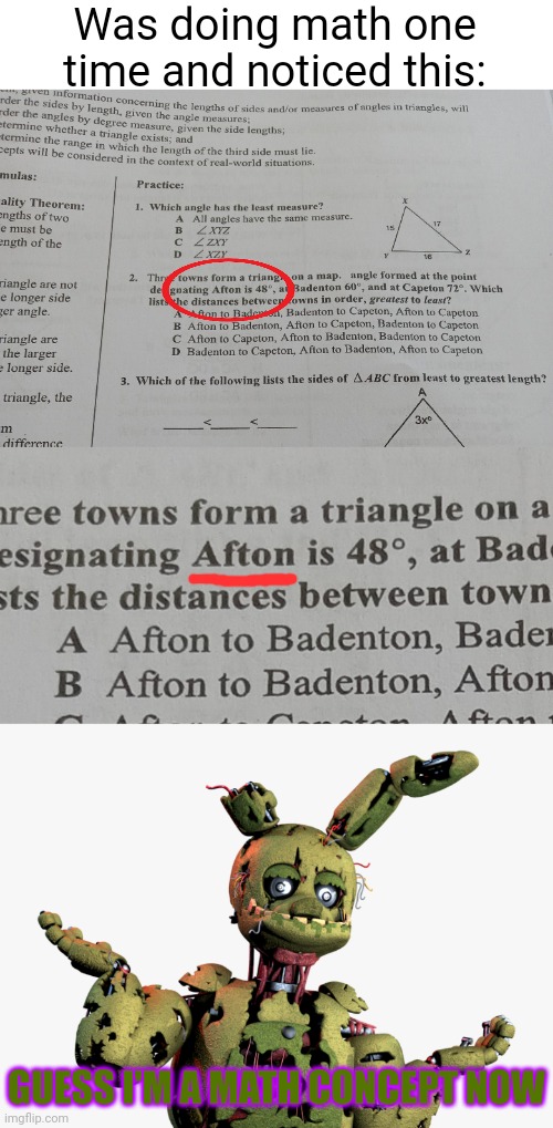Somebody made this, folks. This is real. | Was doing math one time and noticed this:; GUESS I'M A MATH CONCEPT NOW | image tagged in derpy springtrap,school,memes | made w/ Imgflip meme maker