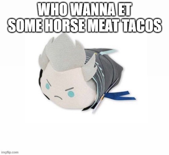 fresh from a fandom i ransacked | WHO WANNA ET SOME HORSE MEAT TACOS | image tagged in vergil plush | made w/ Imgflip meme maker