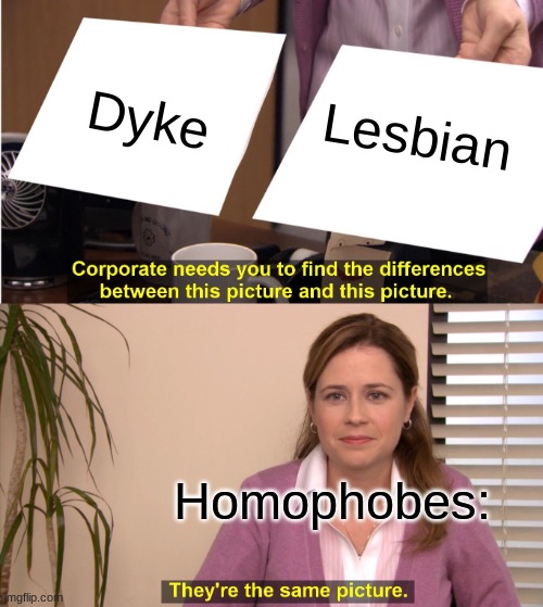 (before you say i said a  lesbian slur i'm lesbian myself) lesbian meme :) | Dyke; Lesbian; Homophobes: | image tagged in memes,they're the same picture | made w/ Imgflip meme maker