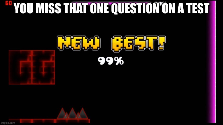 my GD name : PROGAMERJAX | YOU MISS THAT ONE QUESTION ON A TEST | image tagged in geometry dash fail 99,test | made w/ Imgflip meme maker