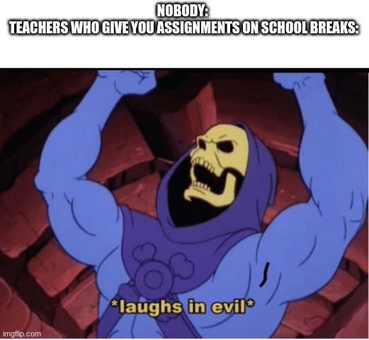 Laughs in evil | NOBODY: 
TEACHERS WHO GIVE YOU ASSIGNMENTS ON SCHOOL BREAKS: | image tagged in laughs in evil | made w/ Imgflip meme maker