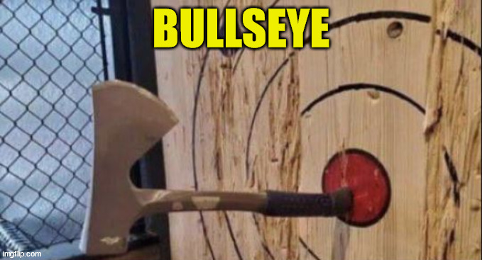 Axe hits bullseye | BULLSEYE | image tagged in axe hits bullseye | made w/ Imgflip meme maker