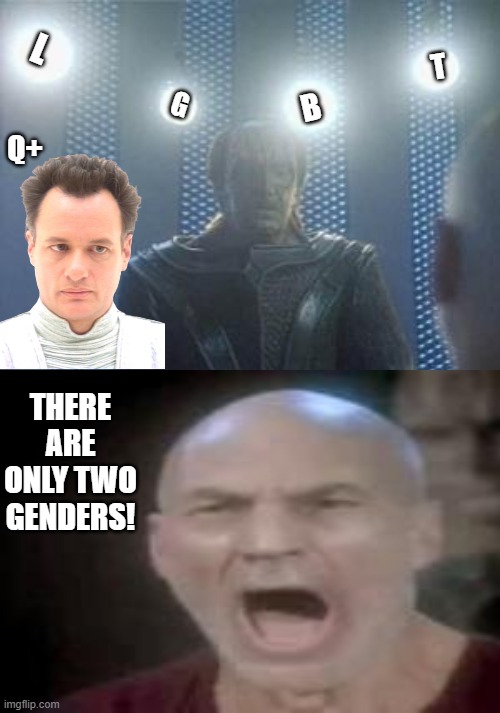 L; T; G; B; Q+; THERE ARE ONLY TWO GENDERS! | image tagged in star trek,picard | made w/ Imgflip meme maker