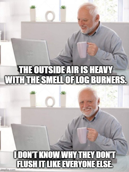 Old guy pc | THE OUTSIDE AIR IS HEAVY WITH THE SMELL OF LOG BURNERS. I DON'T KNOW WHY THEY DON'T FLUSH IT LIKE EVERYONE ELSE. | image tagged in old guy pc | made w/ Imgflip meme maker