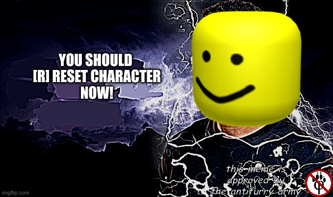 You should kill yourself NOW! | YOU SHOULD 
[R] RESET CHARACTER
NOW! this meme is approved by the antifurry army | image tagged in you should kill yourself now | made w/ Imgflip meme maker