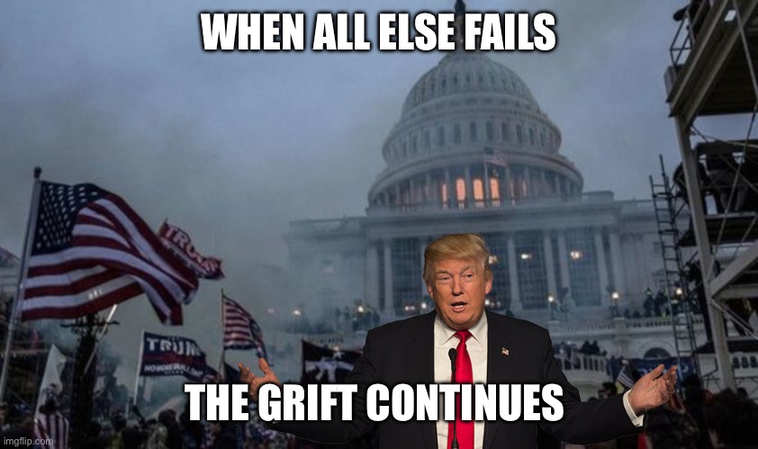 misconstrued coup | WHEN ALL ELSE FAILS THE GRIFT CONTINUES | image tagged in misconstrued coup | made w/ Imgflip meme maker