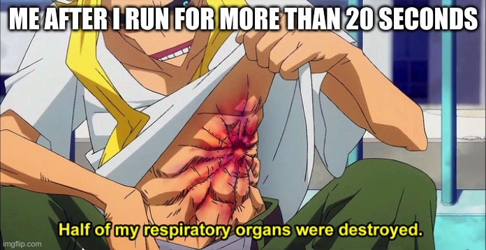 Me after running | ME AFTER I RUN FOR MORE THAN 20 SECONDS | image tagged in half of my respiratory organs were destroyed | made w/ Imgflip meme maker