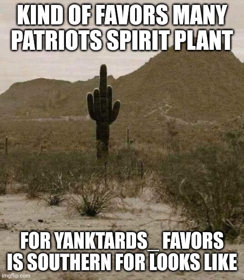 Spirit plant | KIND OF FAVORS MANY PATRIOTS SPIRIT PLANT; FOR YANKTARDS_ FAVORS IS SOUTHERN FOR LOOKS LIKE | image tagged in cactus finger | made w/ Imgflip meme maker