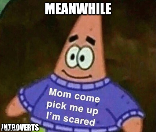 Mom come pick me up i'm scared | MEANWHILE; INTROVERTS | image tagged in mom come pick me up i'm scared | made w/ Imgflip meme maker