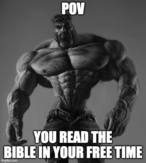 GigaChad | POV; YOU READ THE BIBLE IN YOUR FREE TIME | image tagged in gigachad | made w/ Imgflip meme maker