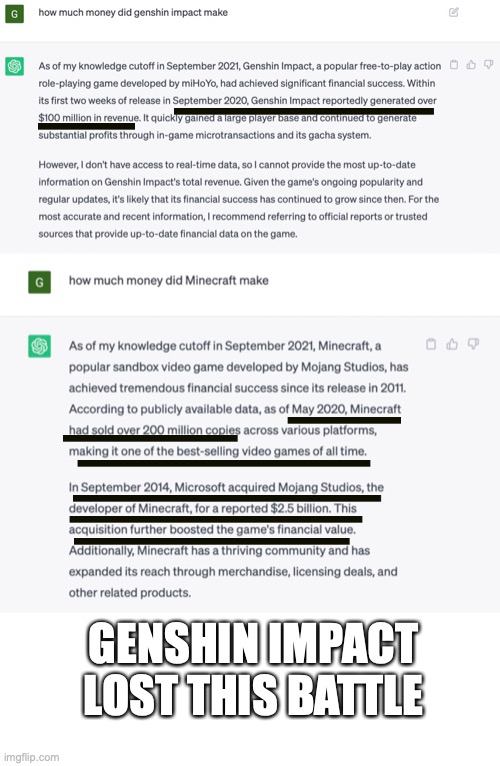 genshin impact lost this battle !!! + also its a terrible game | GENSHIN IMPACT LOST THIS BATTLE | image tagged in memes,funny,gaming,genshin impact lost,minecraft won,financial battle | made w/ Imgflip meme maker