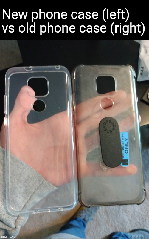 Also got new privacy screen protectors | New phone case (left) vs old phone case (right) | made w/ Imgflip meme maker