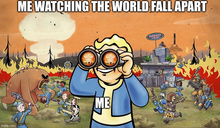 my life pt 4 | ME WATCHING THE WORLD FALL APART; ME | image tagged in fallout aftermath | made w/ Imgflip meme maker