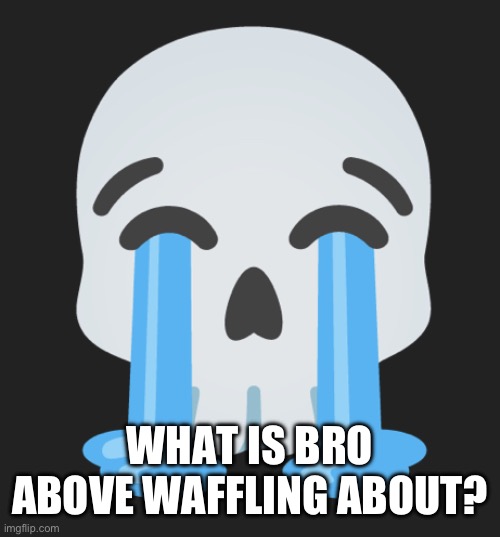 Cry and skull combined | WHAT IS BRO ABOVE WAFFLING ABOUT? | image tagged in cry and skull combined | made w/ Imgflip meme maker