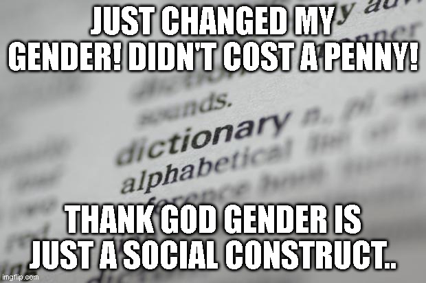i mean why would anyone need the surgery and wigs unless.....ooohhh | JUST CHANGED MY GENDER! DIDN'T COST A PENNY! THANK GOD GENDER IS JUST A SOCIAL CONSTRUCT.. | image tagged in dictionary-001 | made w/ Imgflip meme maker