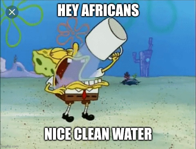 Spongebob drinking water | HEY AFRICANS NICE CLEAN WATER | image tagged in spongebob drinking water | made w/ Imgflip meme maker