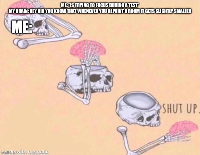 skeleton shut up meme | ME: *IS TRYING TO FOCUS DURING A TEST*
MY BRAIN: HEY DID YOU KNOW THAT WHENEVER YOU REPAINT A ROOM IT GETS SLIGHTLY SMALLER; ME: | image tagged in skeleton shut up meme | made w/ Imgflip meme maker