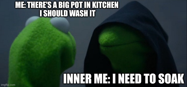 Evil Kermit | ME: THERE'S A BIG POT IN KITCHEN
 I SHOULD WASH IT; INNER ME: I NEED TO SOAK | image tagged in memes,evil kermit | made w/ Imgflip meme maker