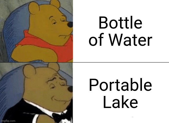 Thecnically it's what it is | Bottle of Water; Portable Lake | image tagged in memes,tuxedo winnie the pooh | made w/ Imgflip meme maker