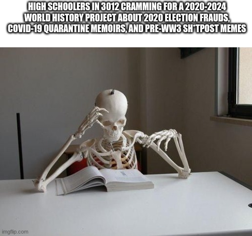 death by studying | HIGH SCHOOLERS IN 3012 CRAMMING FOR A 2020-2024 WORLD HISTORY PROJECT ABOUT 2020 ELECTION FRAUDS, COVID-19 QUARANTINE MEMOIRS, AND PRE-WW3 SH*TPOST MEMES | image tagged in death by studying,ww3 | made w/ Imgflip meme maker