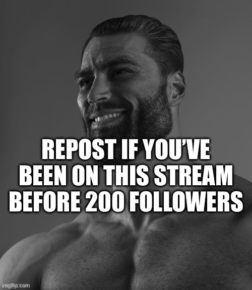 the earliest follower count I saw was “183 followers” i think | REPOST IF YOU’VE BEEN ON THIS STREAM BEFORE 200 FOLLOWERS | image tagged in gigachad smiling | made w/ Imgflip meme maker