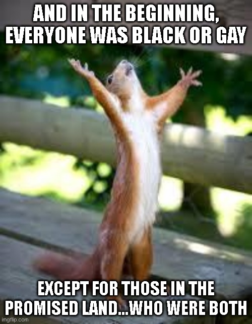 Praise Squirrel | AND IN THE BEGINNING, EVERYONE WAS BLACK OR GAY EXCEPT FOR THOSE IN THE PROMISED LAND...WHO WERE BOTH | image tagged in praise squirrel | made w/ Imgflip meme maker
