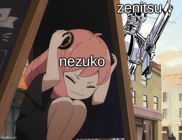 idk what to name this | zenitsu; nezuko | image tagged in anya hiding from terminator,spy x family,demon slayer,anya | made w/ Imgflip meme maker