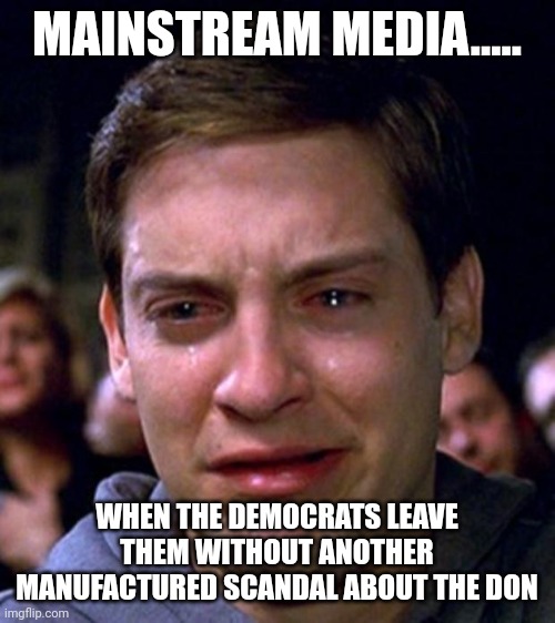 Fear not leftist/wokesters....they're on the job | MAINSTREAM MEDIA..... WHEN THE DEMOCRATS LEAVE THEM WITHOUT ANOTHER MANUFACTURED SCANDAL ABOUT THE DON | image tagged in toby mcguire tears | made w/ Imgflip meme maker