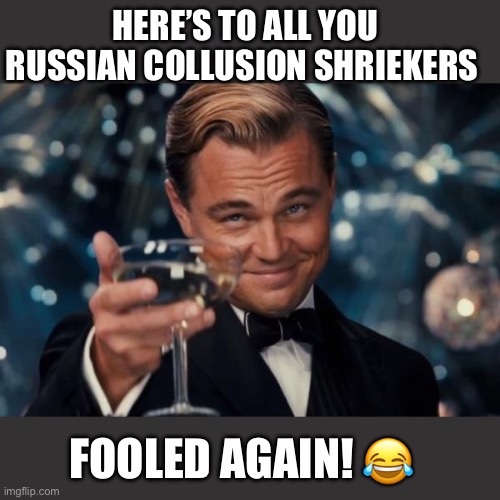 At some point we might stop laughing, but not right now | HERE’S TO ALL YOU RUSSIAN COLLUSION SHRIEKERS; FOOLED AGAIN! 😂 | image tagged in leonardo dicaprio cheers,fooled again,lefty loves lies,truth is racist,collusion delusion | made w/ Imgflip meme maker