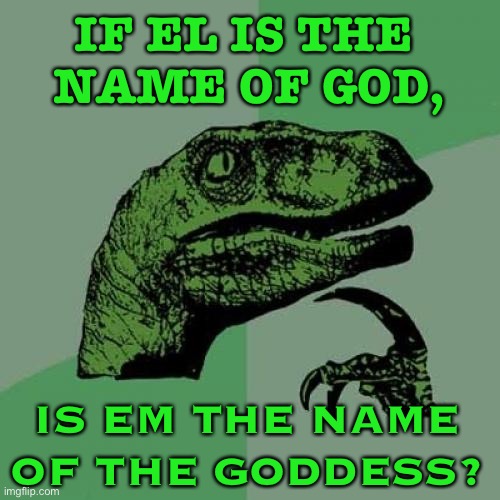 Name of the Goddess? | IF EL IS THE 
NAME OF GOD, IS EM THE NAME OF THE GODDESS? | image tagged in memes,philosoraptor | made w/ Imgflip meme maker