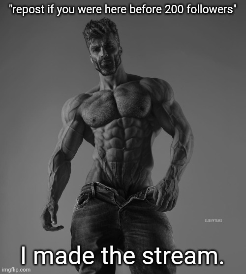 giga chad | "repost if you were here before 200 followers"; I made the stream. | image tagged in giga chad | made w/ Imgflip meme maker