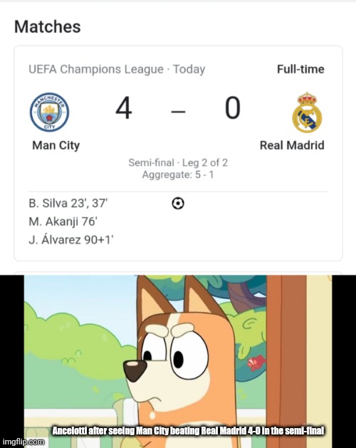 Man City is going to the final this years | Ancelotti after seeing Man City beating Real Madrid 4-0 in the semi-final | image tagged in angry chilli,champions league,funny,real madrid,manchester city | made w/ Imgflip meme maker