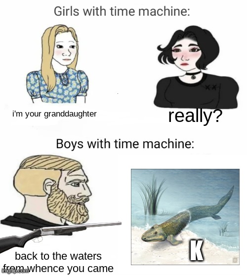 Time machine | i'm your granddaughter; really? K; back to the waters from whence you came | image tagged in time machine,boys vs girls | made w/ Imgflip meme maker