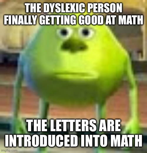 Sully Wazowski | THE DYSLEXIC PERSON FINALLY GETTING GOOD AT MATH; THE LETTERS ARE INTRODUCED INTO MATH | image tagged in sully wazowski | made w/ Imgflip meme maker