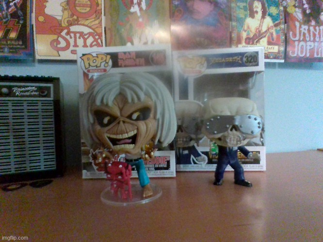 Iron Maiden Funko Pop next to the Megadeth one... | image tagged in funko pop,metal,iron maiden,megadeth | made w/ Imgflip meme maker