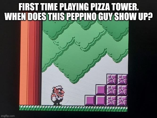 Wizza Wower | FIRST TIME PLAYING PIZZA TOWER.
WHEN DOES THIS PEPPINO GUY SHOW UP? | image tagged in wario,peppino,pizza tower,wario land,wario land 3 | made w/ Imgflip meme maker