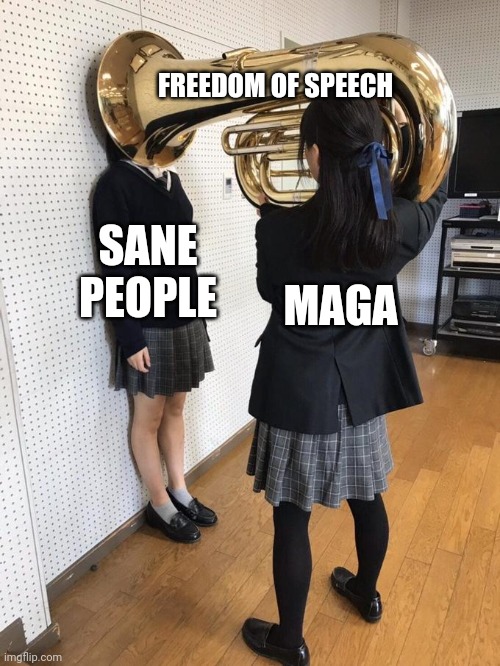 When lies are shouted and truths are whispered, guess which gets heard? | FREEDOM OF SPEECH; SANE PEOPLE; MAGA | image tagged in girl putting tuba on girl's head,will you shut up man | made w/ Imgflip meme maker