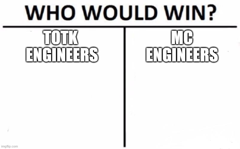 Who Would Win? Meme | TOTK 
ENGINEERS; MC
ENGINEERS | image tagged in memes,who would win | made w/ Imgflip meme maker