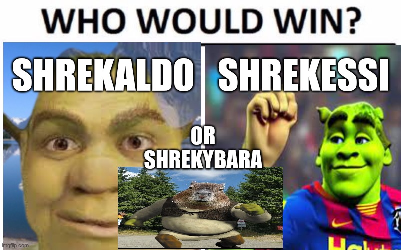 Shrek Slay All Day(btw SHREKYBARA DA GOAT) | SHREKESSI; SHREKALDO; OR SHREKYBARA | image tagged in memes,who would win,cristiano ronaldo,shrek,messi,soccer | made w/ Imgflip meme maker