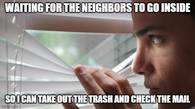 Waiting for neighbors | WAITING FOR THE NEIGHBORS TO GO INSIDE; SO I CAN TAKE OUT THE TRASH AND CHECK THE MAIL | image tagged in funny | made w/ Imgflip meme maker