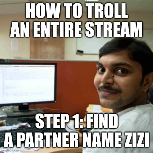Indian guy compuer tutorial - IT | HOW TO TROLL AN ENTIRE STREAM; STEP 1: FIND A PARTNER NAME ZIZI | image tagged in indian guy compuer tutorial - it | made w/ Imgflip meme maker