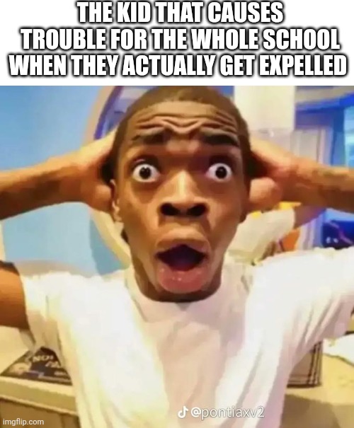 Shocked black guy | THE KID THAT CAUSES TROUBLE FOR THE WHOLE SCHOOL WHEN THEY ACTUALLY GET EXPELLED | image tagged in shocked black guy,school | made w/ Imgflip meme maker