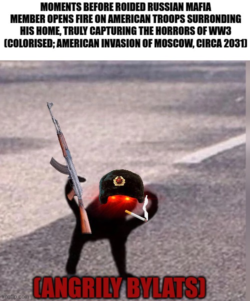 Cursed Cat | MOMENTS BEFORE ROIDED RUSSIAN MAFIA MEMBER OPENS FIRE ON AMERICAN TROOPS SURRONDING HIS HOME, TRULY CAPTURING THE HORRORS OF WW3 (COLORISED; AMERICAN INVASION OF MOSCOW, CIRCA 2031); (ANGRILY BYLATS) | image tagged in cursed cat | made w/ Imgflip meme maker