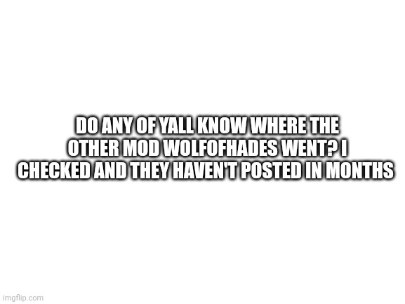 Non pjo related announcement | DO ANY OF YALL KNOW WHERE THE OTHER MOD WOLFOFHADES WENT? I CHECKED AND THEY HAVEN'T POSTED IN MONTHS | made w/ Imgflip meme maker