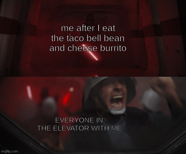 Darth Vader vs Rebel | me after I eat the taco bell bean and cheese burrito; EVERYONE IN THE ELEVATOR WITH ME | image tagged in darth vader vs rebel,taco bell | made w/ Imgflip meme maker