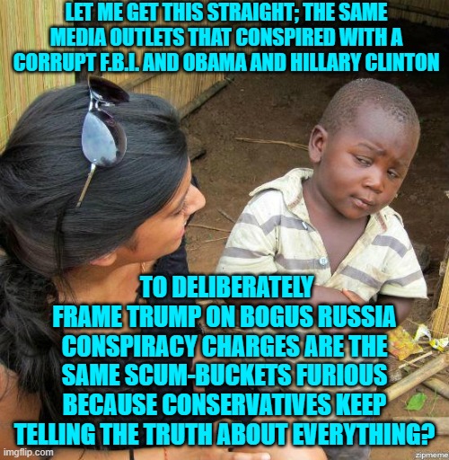 Yes! | LET ME GET THIS STRAIGHT; THE SAME MEDIA OUTLETS THAT CONSPIRED WITH A CORRUPT F.B.I. AND OBAMA AND HILLARY CLINTON; TO DELIBERATELY FRAME TRUMP ON BOGUS RUSSIA CONSPIRACY CHARGES ARE THE SAME SCUM-BUCKETS FURIOUS BECAUSE CONSERVATIVES KEEP TELLING THE TRUTH ABOUT EVERYTHING? | image tagged in skeptical kid | made w/ Imgflip meme maker