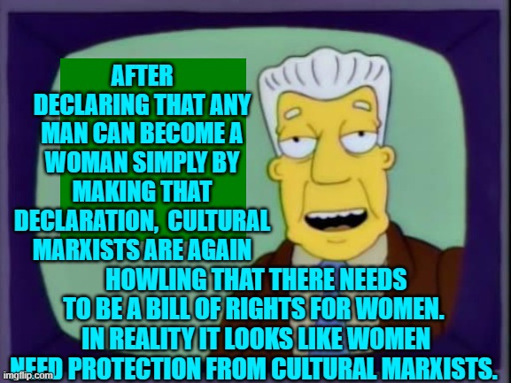 Again one is inspired to ask . . . do leftists know HOW to think? | AFTER DECLARING THAT ANY MAN CAN BECOME A WOMAN SIMPLY BY MAKING THAT DECLARATION,  CULTURAL MARXISTS ARE AGAIN; HOWLING THAT THERE NEEDS TO BE A BILL OF RIGHTS FOR WOMEN.  IN REALITY IT LOOKS LIKE WOMEN NEED PROTECTION FROM CULTURAL MARXISTS. | image tagged in i for one welcome our new overlords | made w/ Imgflip meme maker