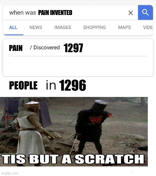 when was...invented/discovered | PAIN INVENTED; 1297; PAIN; 1296; PEOPLE | image tagged in when was invented/discovered,history memes | made w/ Imgflip meme maker